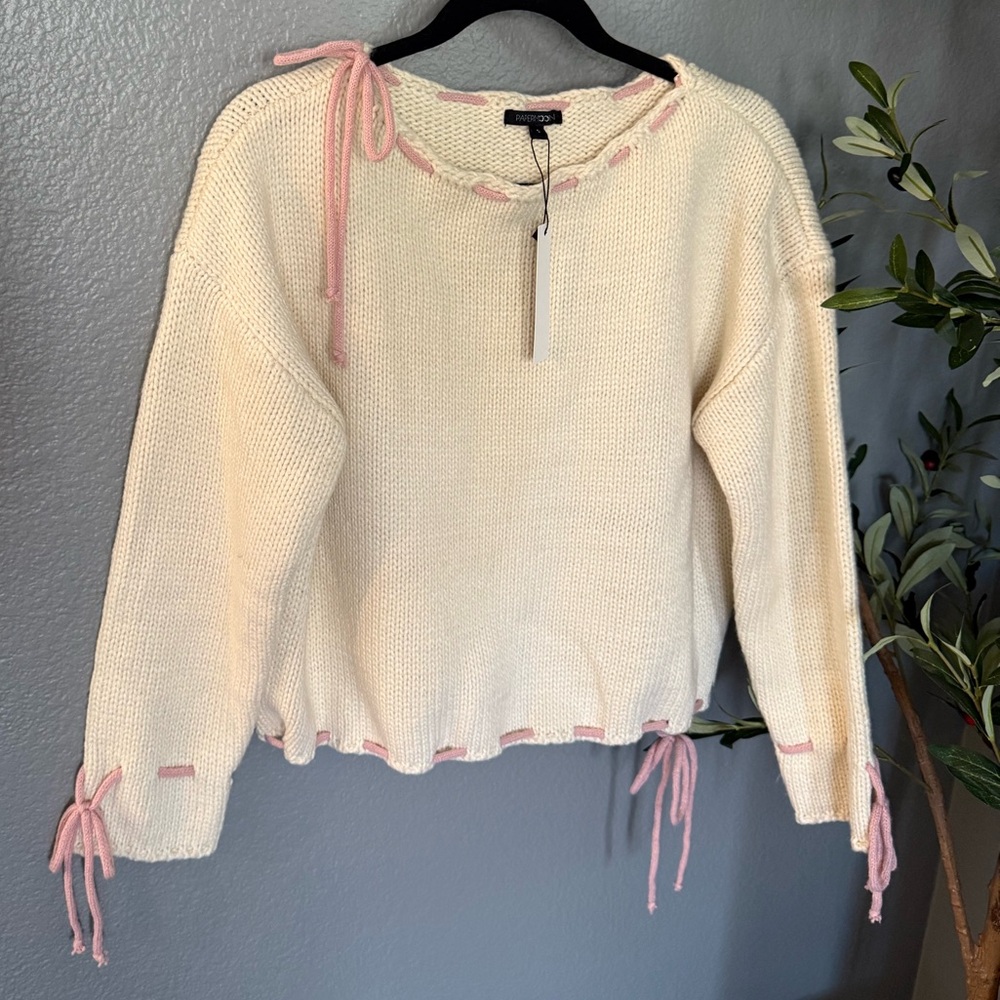 Papermoon Cream Knit Sweater With Pink Ties